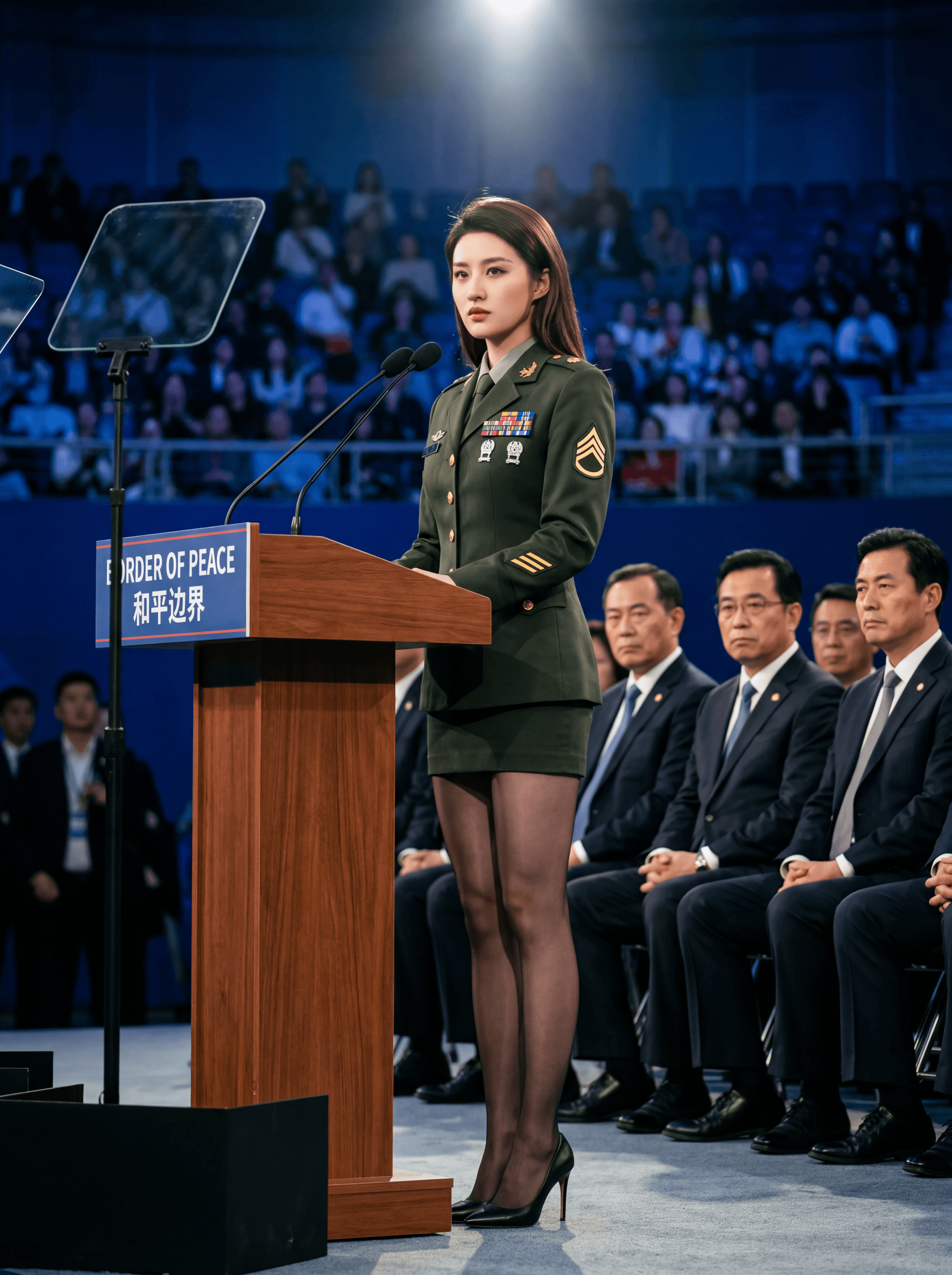 A uniformed woman delivers a speech at a podium in a large auditorium with an audience and seated officials in the background