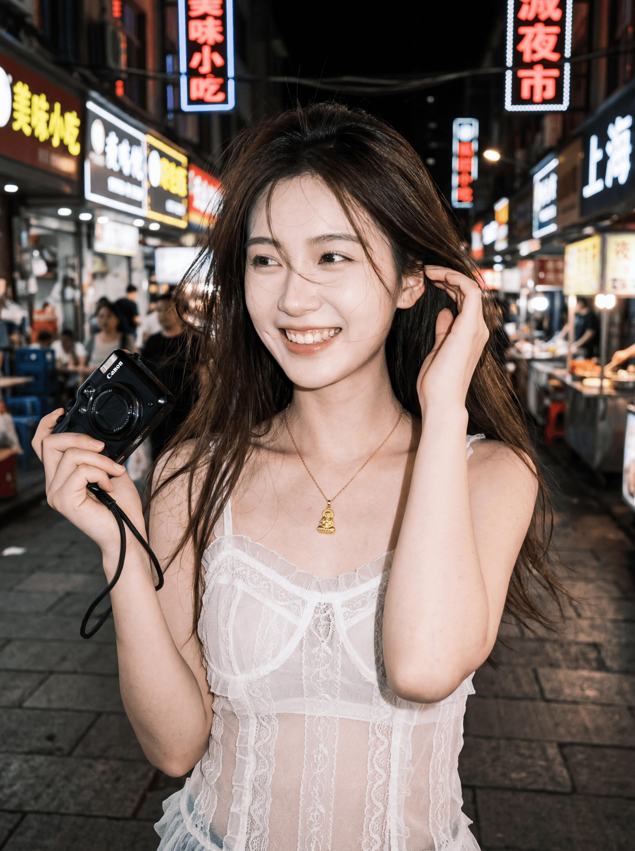 Person in a white lace slip dress holding a camera on a busy neon lit night market street