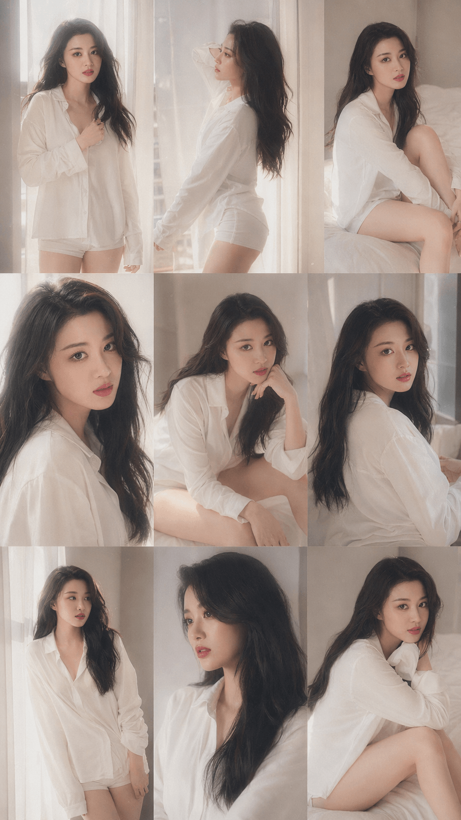 Nine panel photo collage of a woman with long dark hair posing in a white shirt and lingerie in a softly lit bedroom