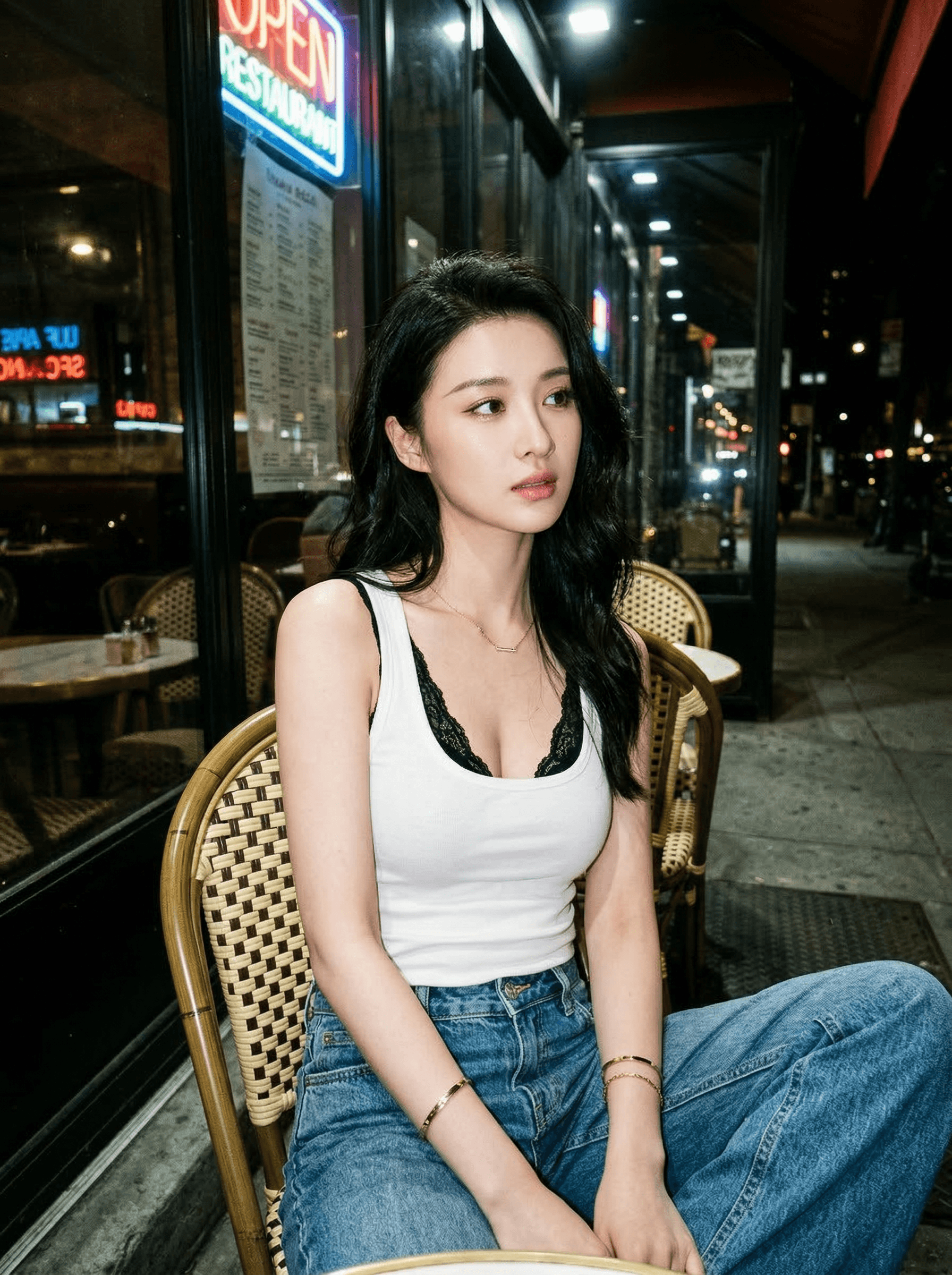 Woman in tank top and jeans sitting on a woven bistro chair outside a glass front cafe at night with neon sign lighting