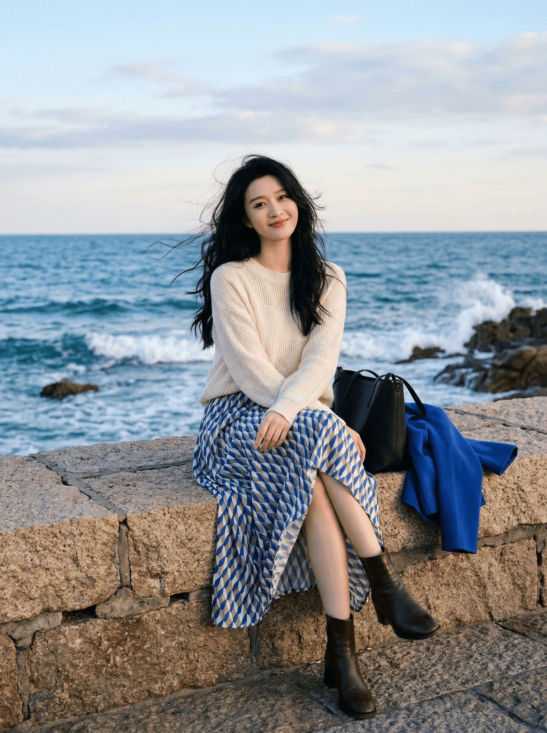 A woman sits on a stone breakwater by the ocean with waves behind her and a jacket and bag beside her