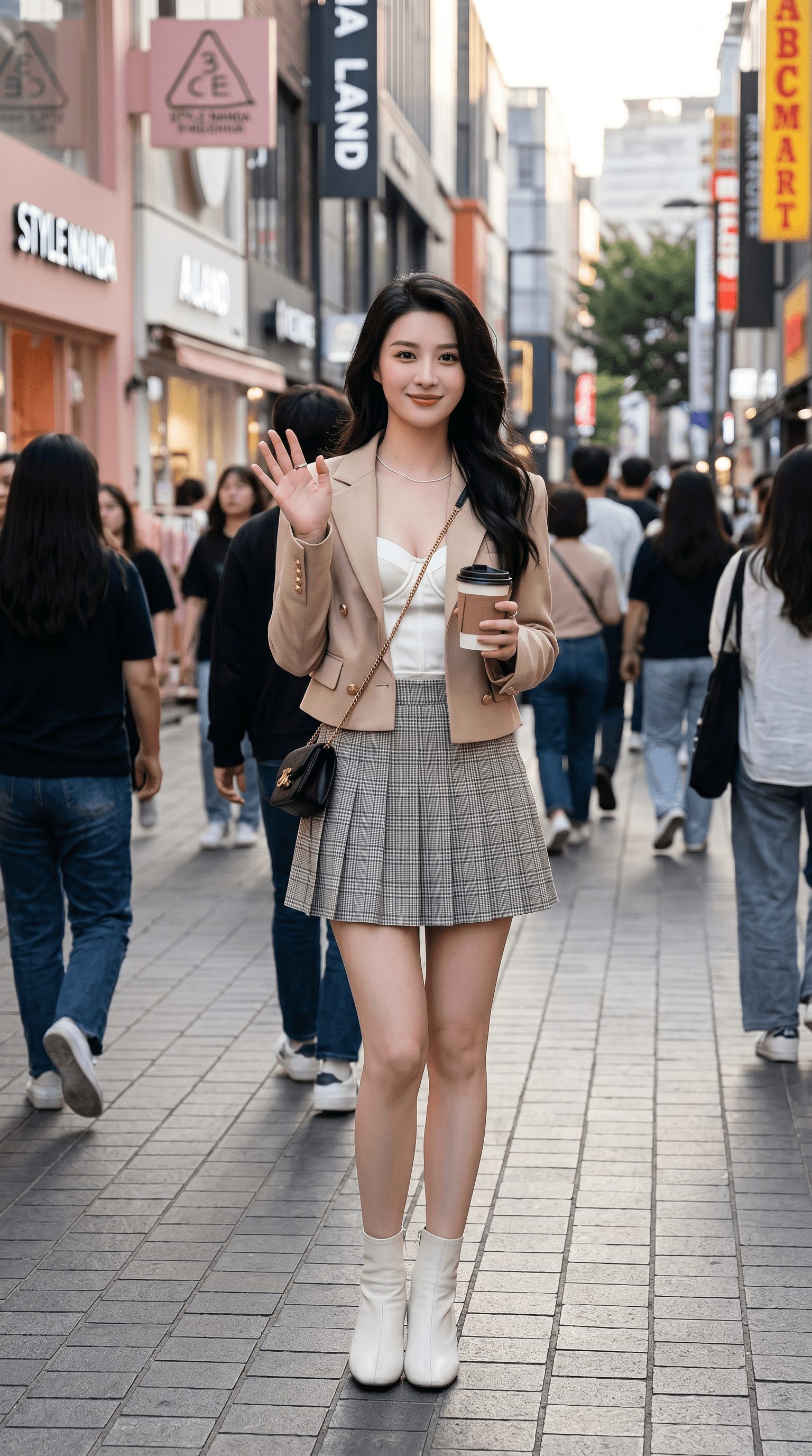 Woman in a pleated skirt and ankle boots waving while holding an iced drink on a busy pedestrian shopping street