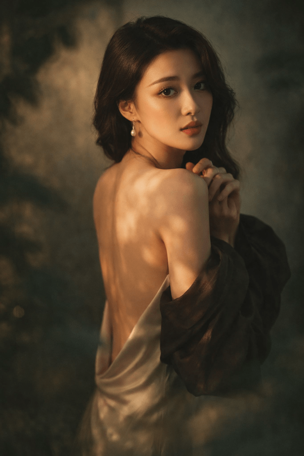 Moody backlit portrait of a person in a backless dress with warm golden light and soft shadows