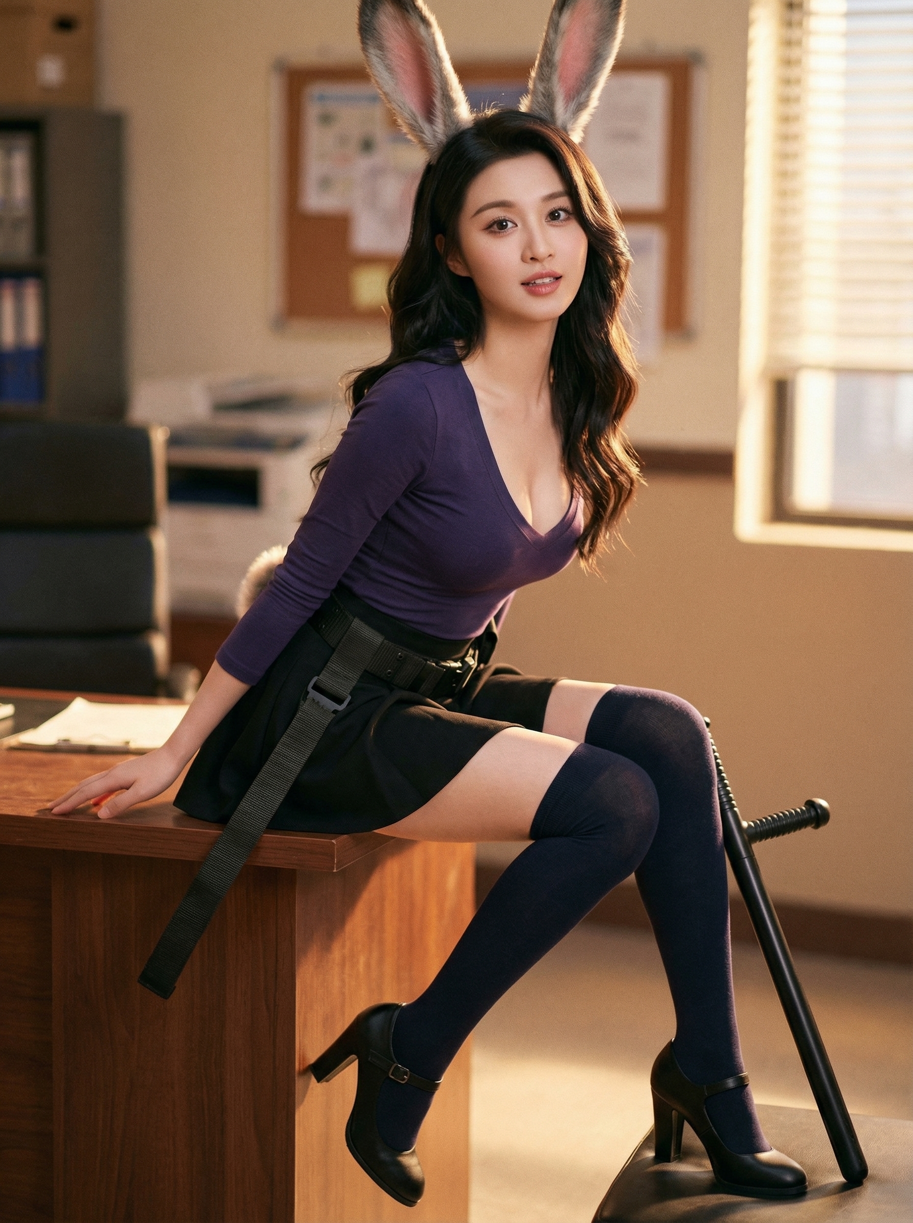 woman in bunny ears and a fitted outfit sitting on an office desk with legs crossed, looking at the camera in a softly lit workplace