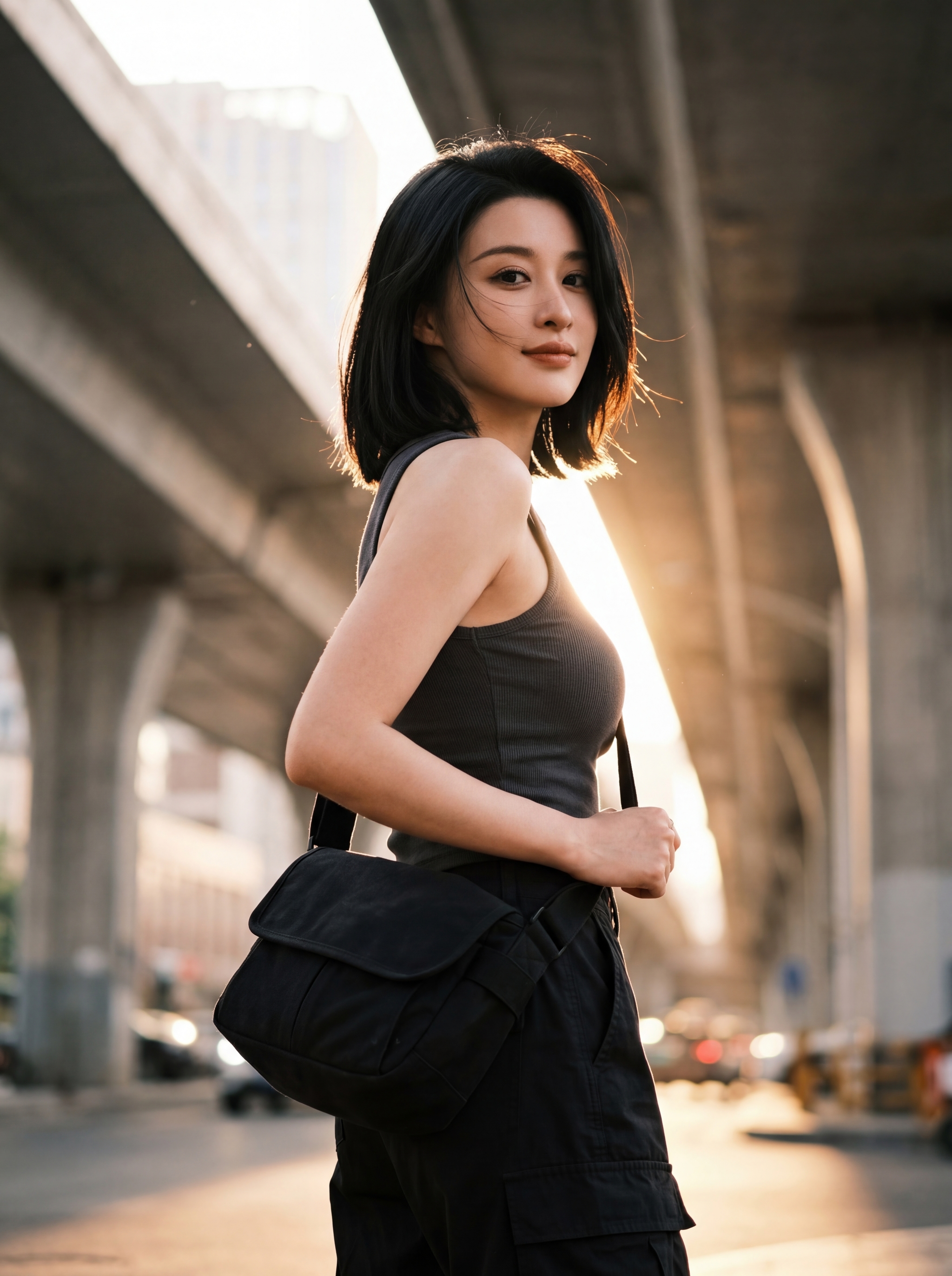 Side profile of a person carrying a shoulder bag under a concrete overpass at sunset with blurred city traffic in the background