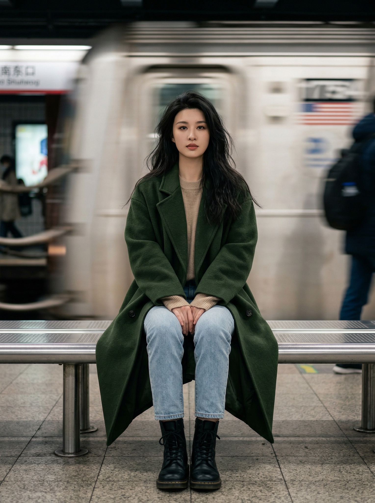 Person in a long coat and jeans sitting on a bench at a subway platform while a train blurs past behind them