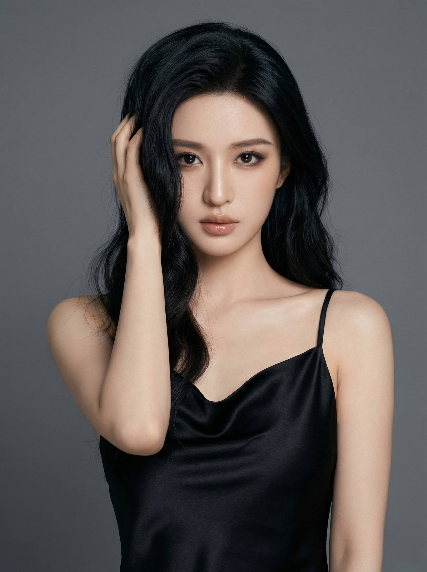 Young woman in a black slip dress posing against a plain gray studio background with one hand touching her wavy dark hair and a calm, direct gaze toward the camera