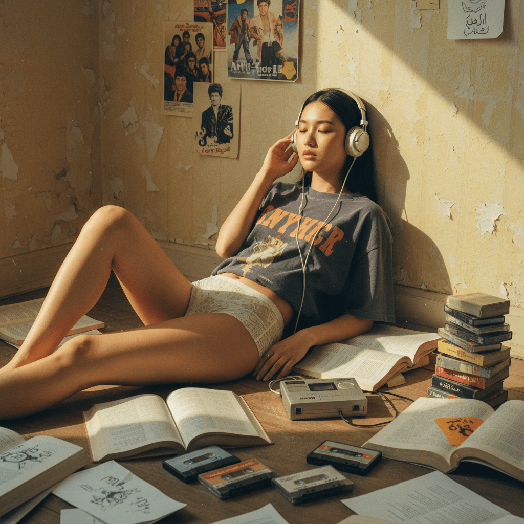 Young woman wearing headphones, surrounded by books and cassette tapes, leaning against a wall