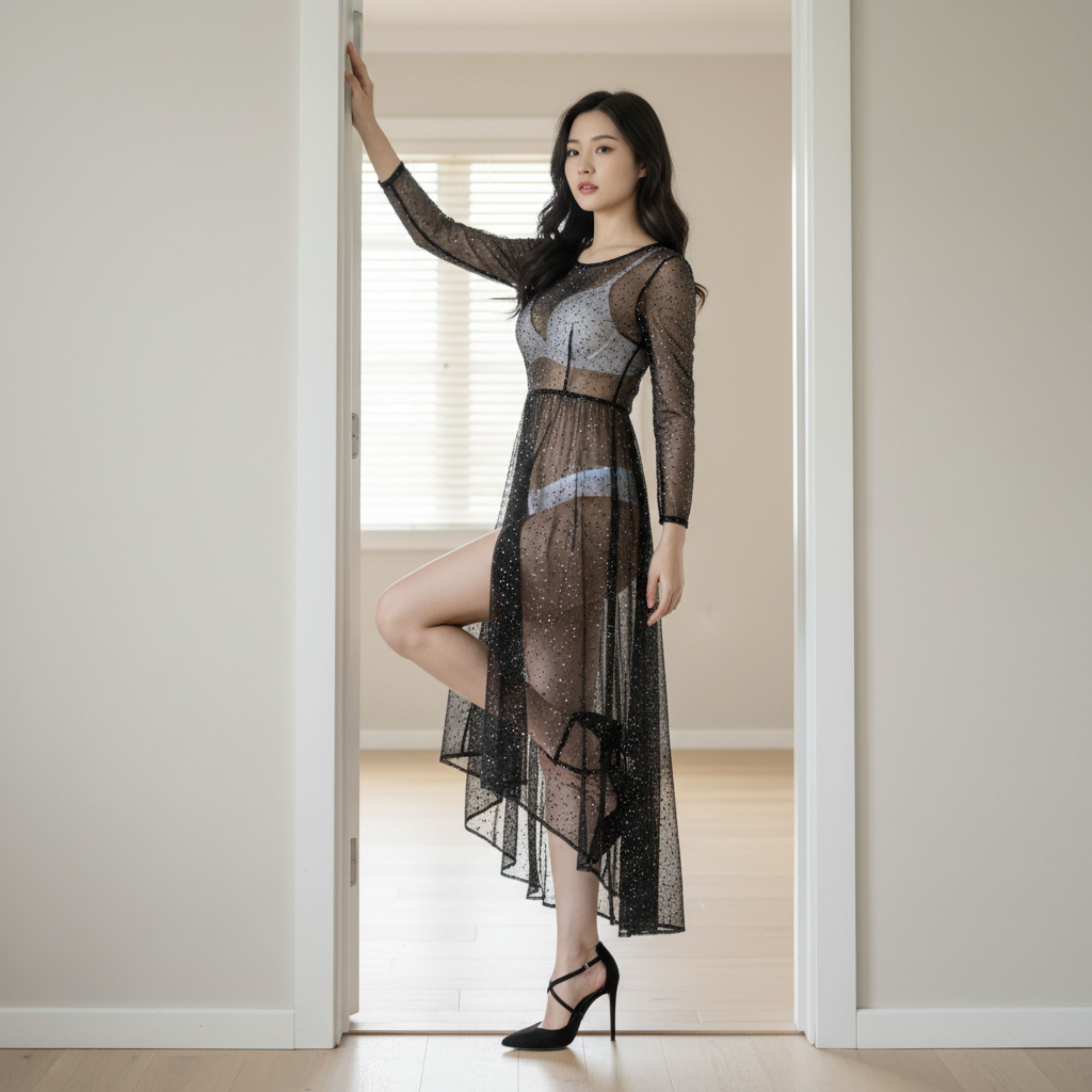 A woman stands in a doorway wearing a sheer black dress with one leg slightly raised, in a softly lit room