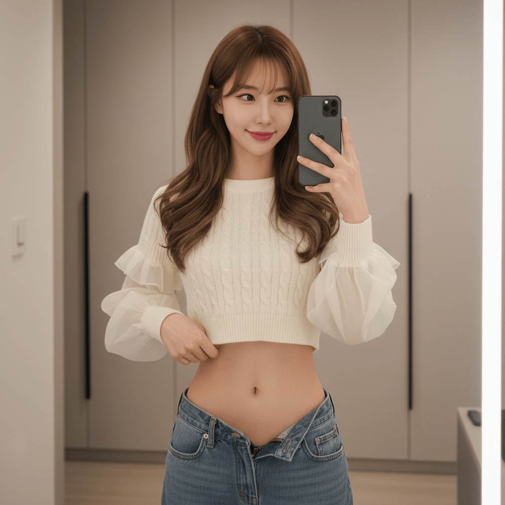 A person takes a mirror selfie wearing a stylish cropped sweater and jeans