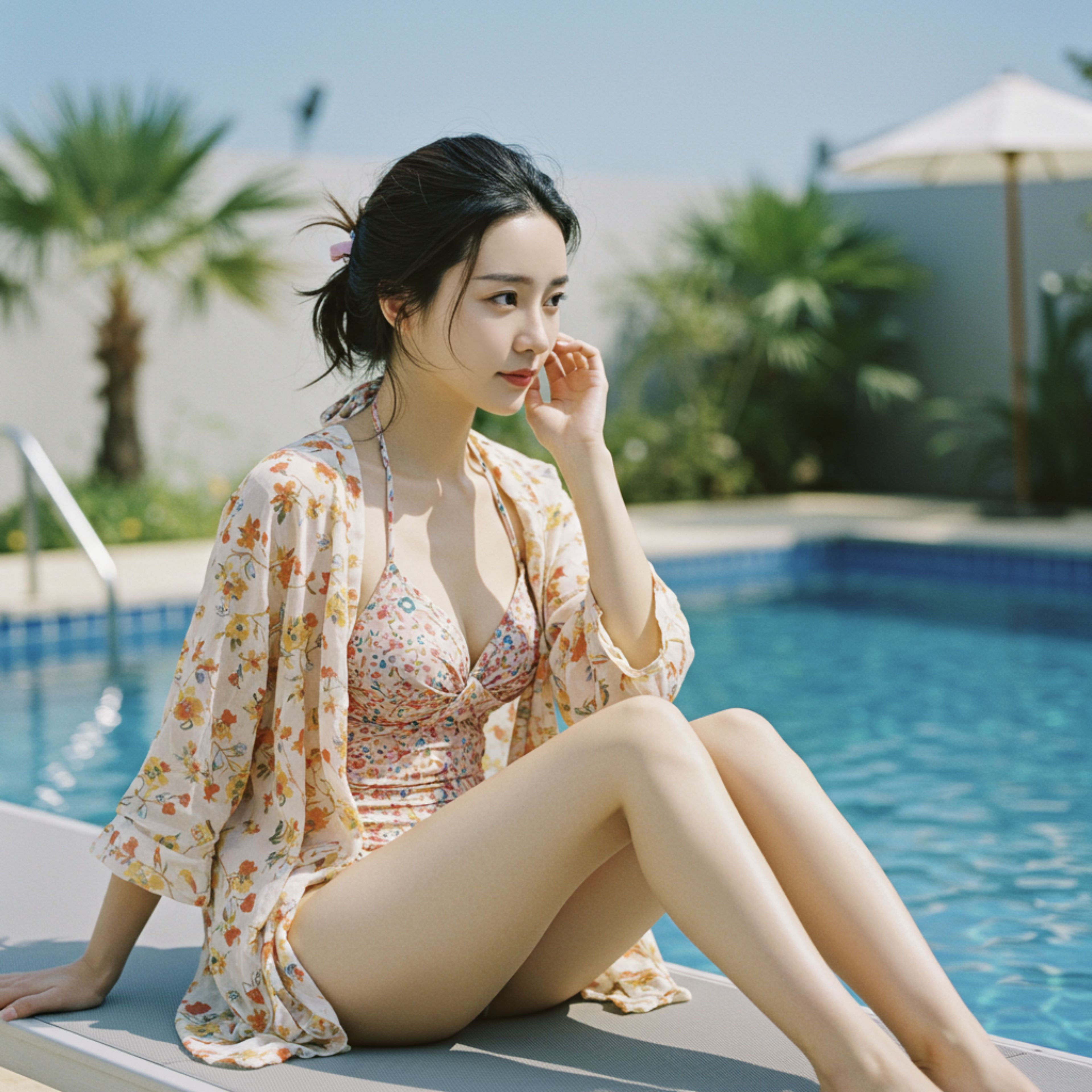 A woman in a floral swimsuit and cover-up sits by a poolside on a sunny day, surrounded by palm trees and umbrellas