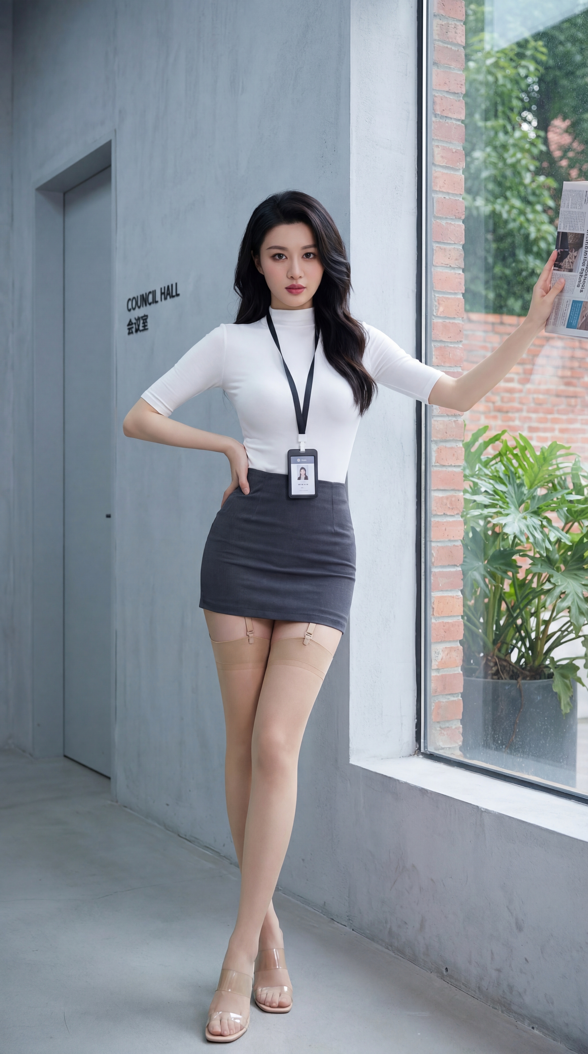 Woman in a fitted white top and pencil skirt posing in a modern office corridor with an ID lanyard beside a large window