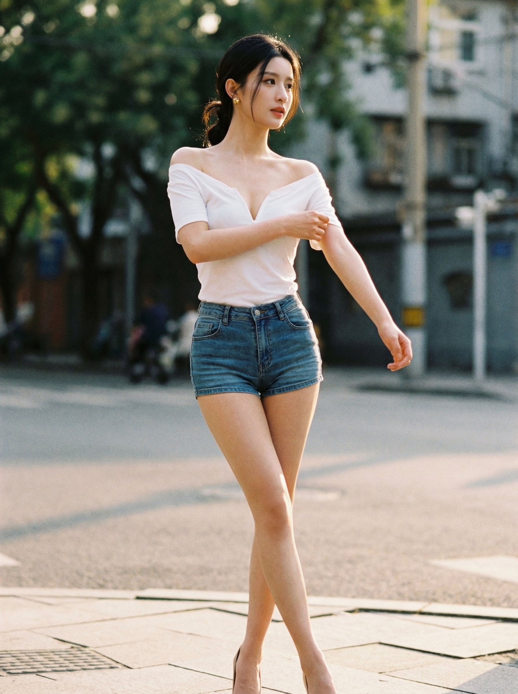 Young woman in white top and denim shorts walking across a sunlit city street with trees and buildings in the background