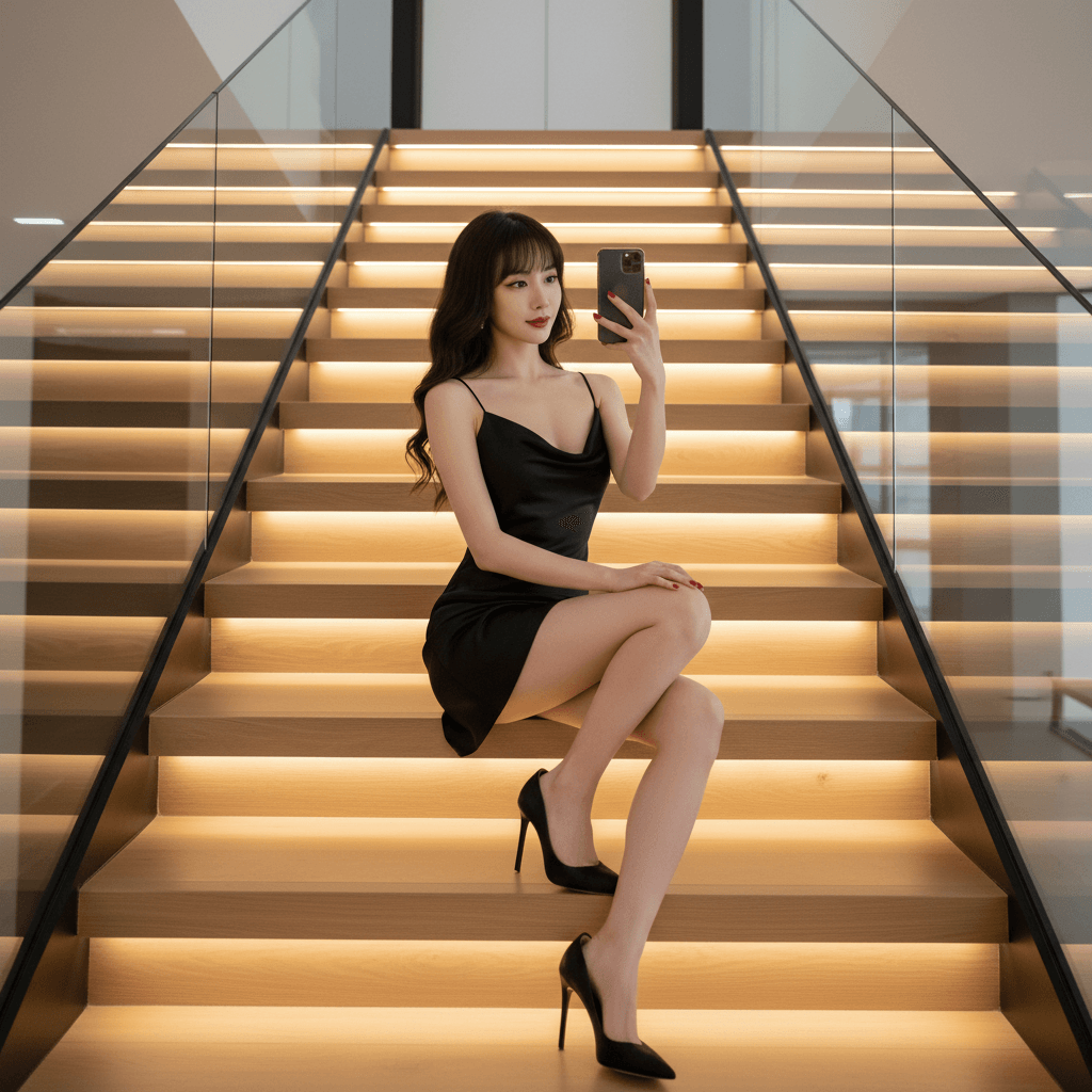 A woman in a black dress and high heels poses for a selfie while seated on a modern, illuminated staircase