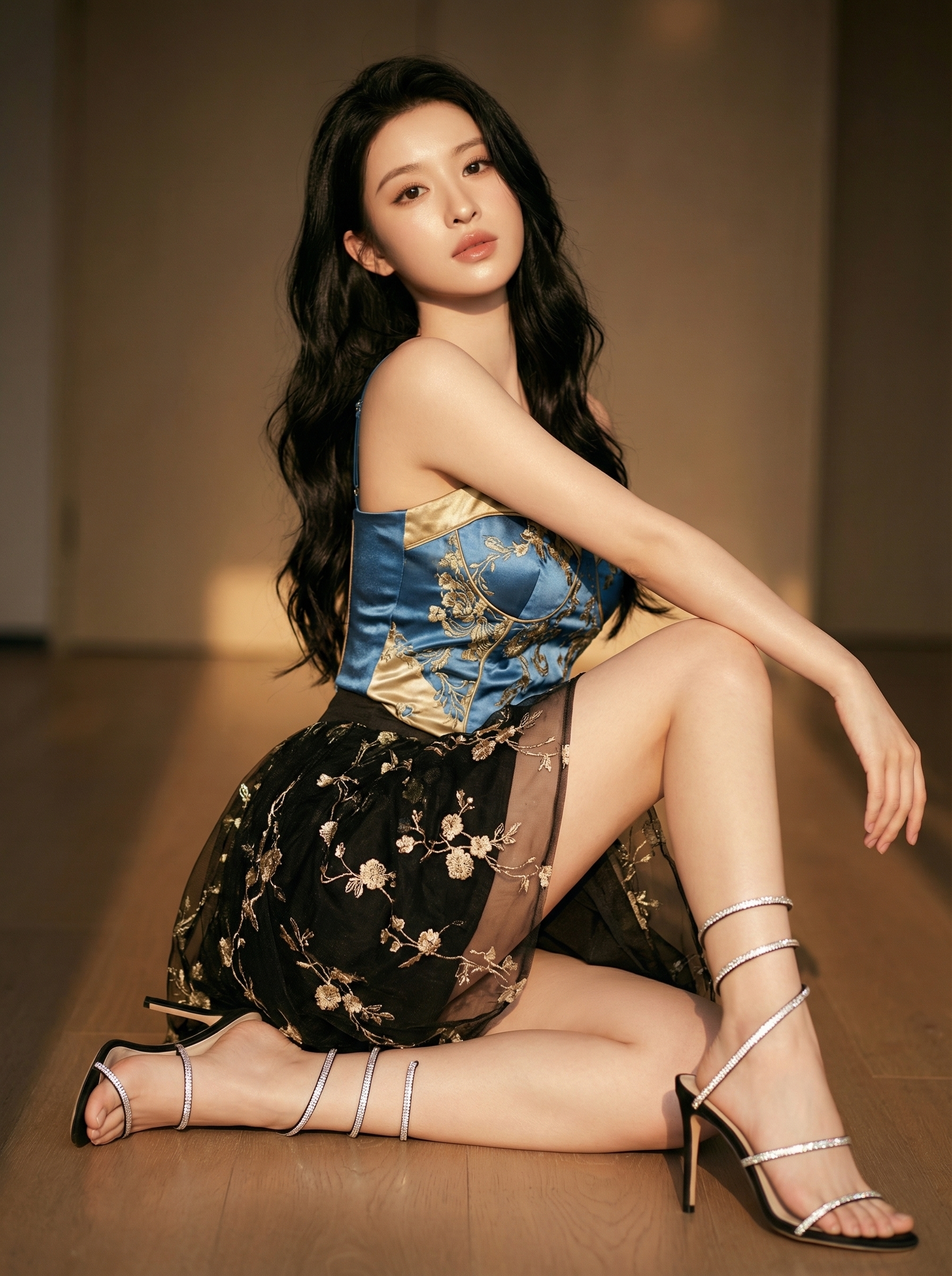 Woman with long wavy hair kneeling on a wooden floor in warm light wearing a patterned dress and strappy high heels