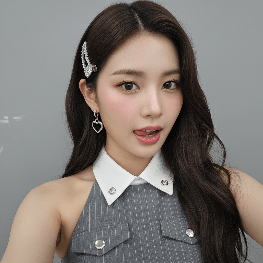 Woman with long hair, wearing a sleeveless outfit with white collar, heart-shaped earrings, and hair accessories, posing against a gray background