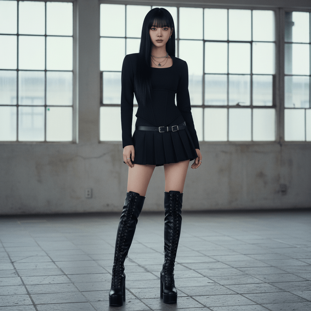 Woman in black outfit stands confidently in a spacious, well-lit room with large windows
