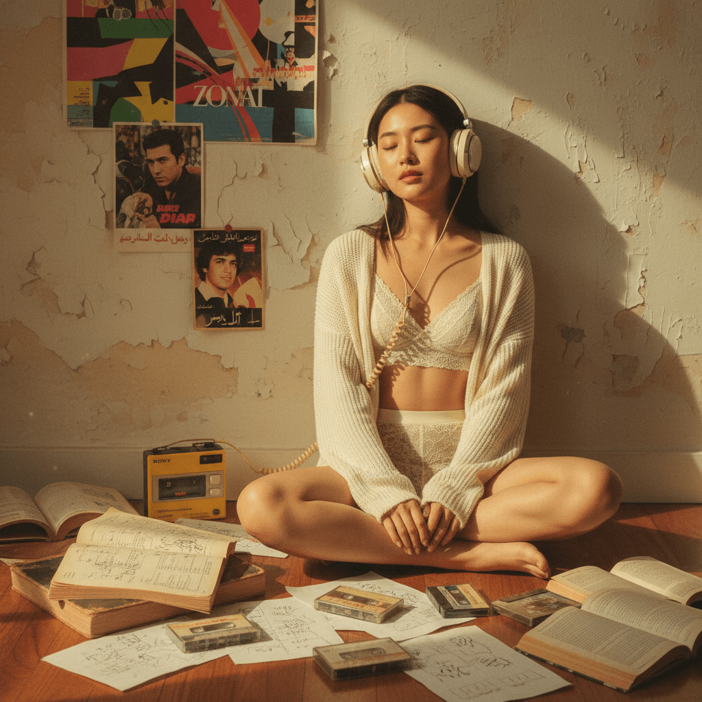 Person seated on floor with headphones surrounded by books and cassette tapes, enjoying sunlight