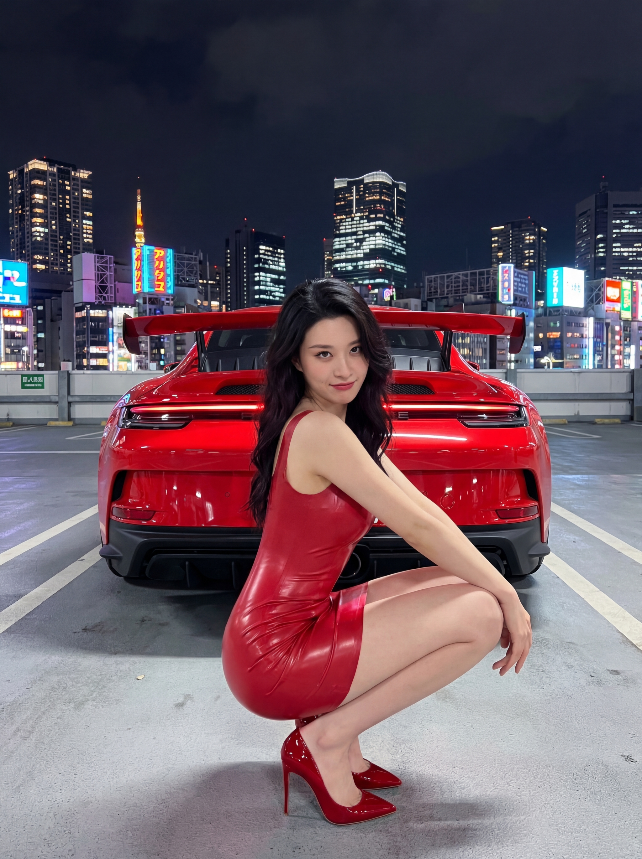 Person in a red dress and heels posing in front of a red sports car on a rooftop parking deck at night with illuminated city buildings in the background