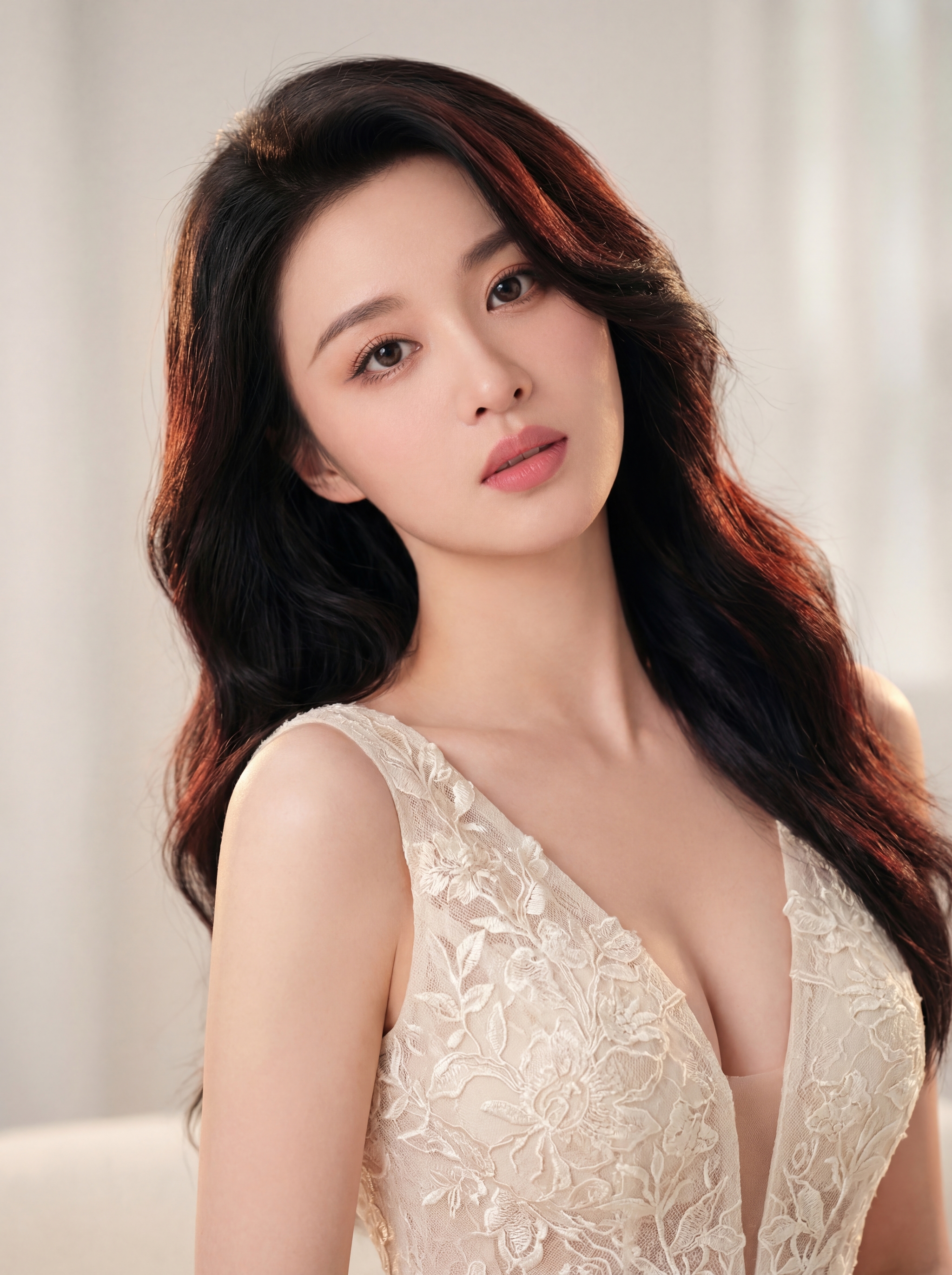 Studio portrait of a person wearing a sleeveless lace evening gown with a deep neckline