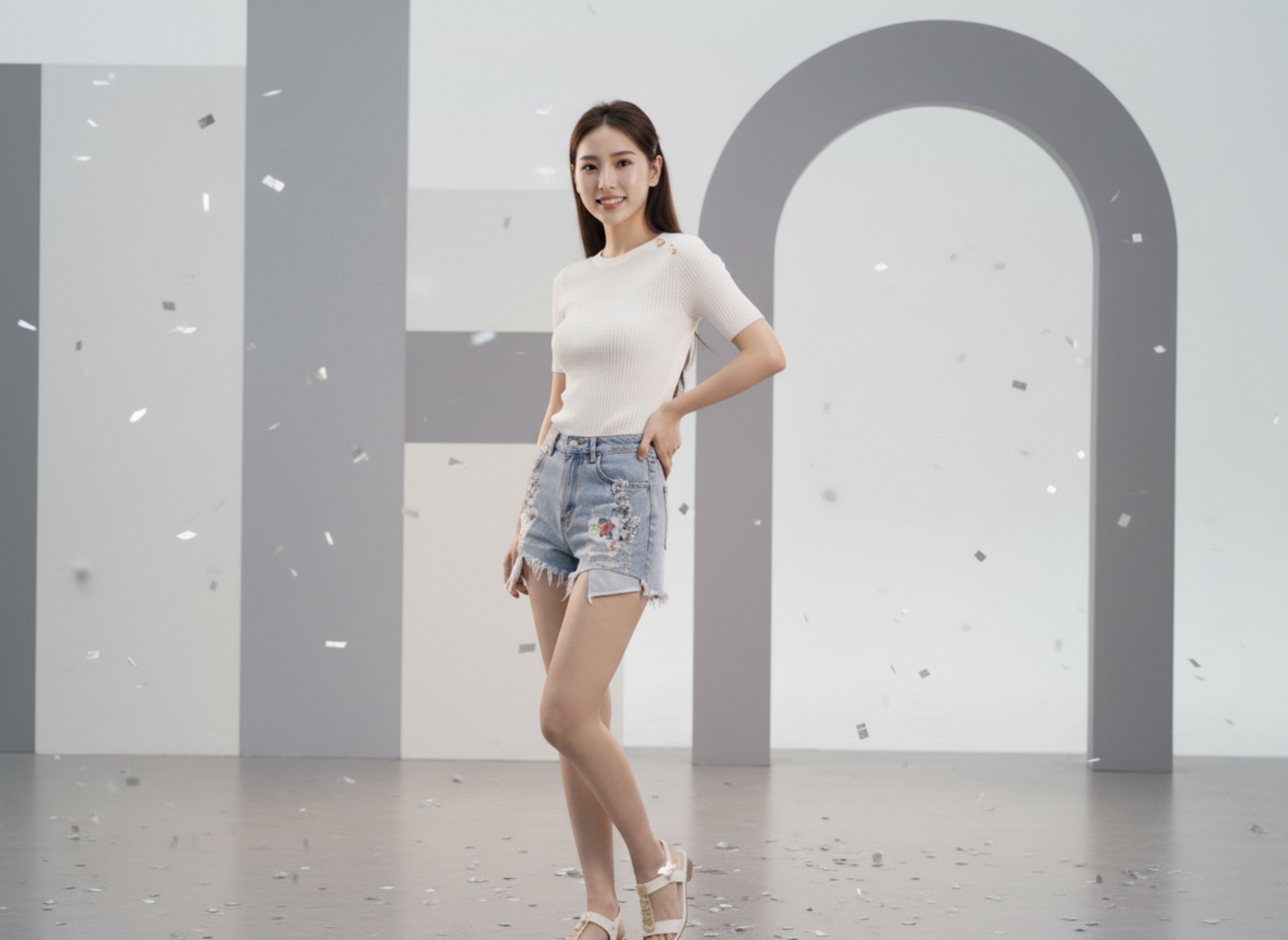 A person posing in a white top and denim shorts, surrounded by confetti, with a modern abstract background