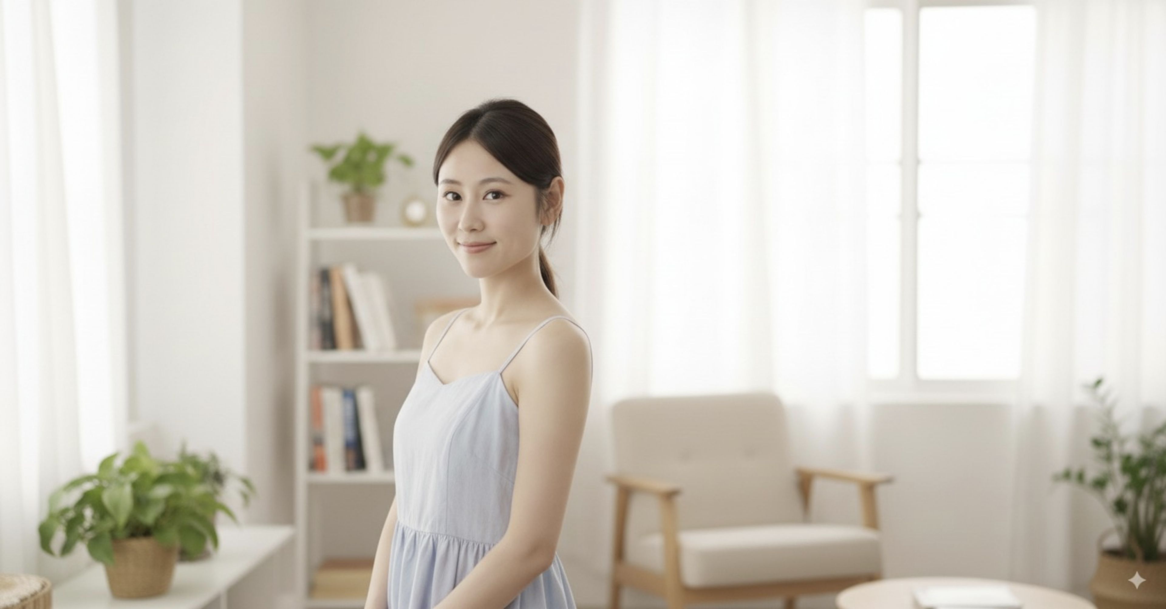 A person standing in a bright, minimalist room with plants, a bookshelf, and armchairs
