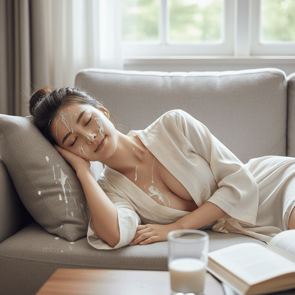 Person in a bathrobe sleeping peacefully on a couch with a book and a glass of milk nearby