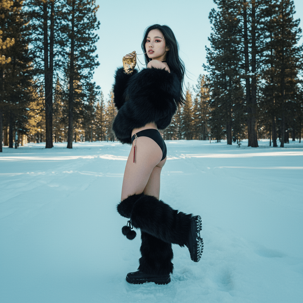Woman in a snowy forest wearing a black fur jacket, bikini bottoms, and fur boots, holding a snowball with pine trees in the background