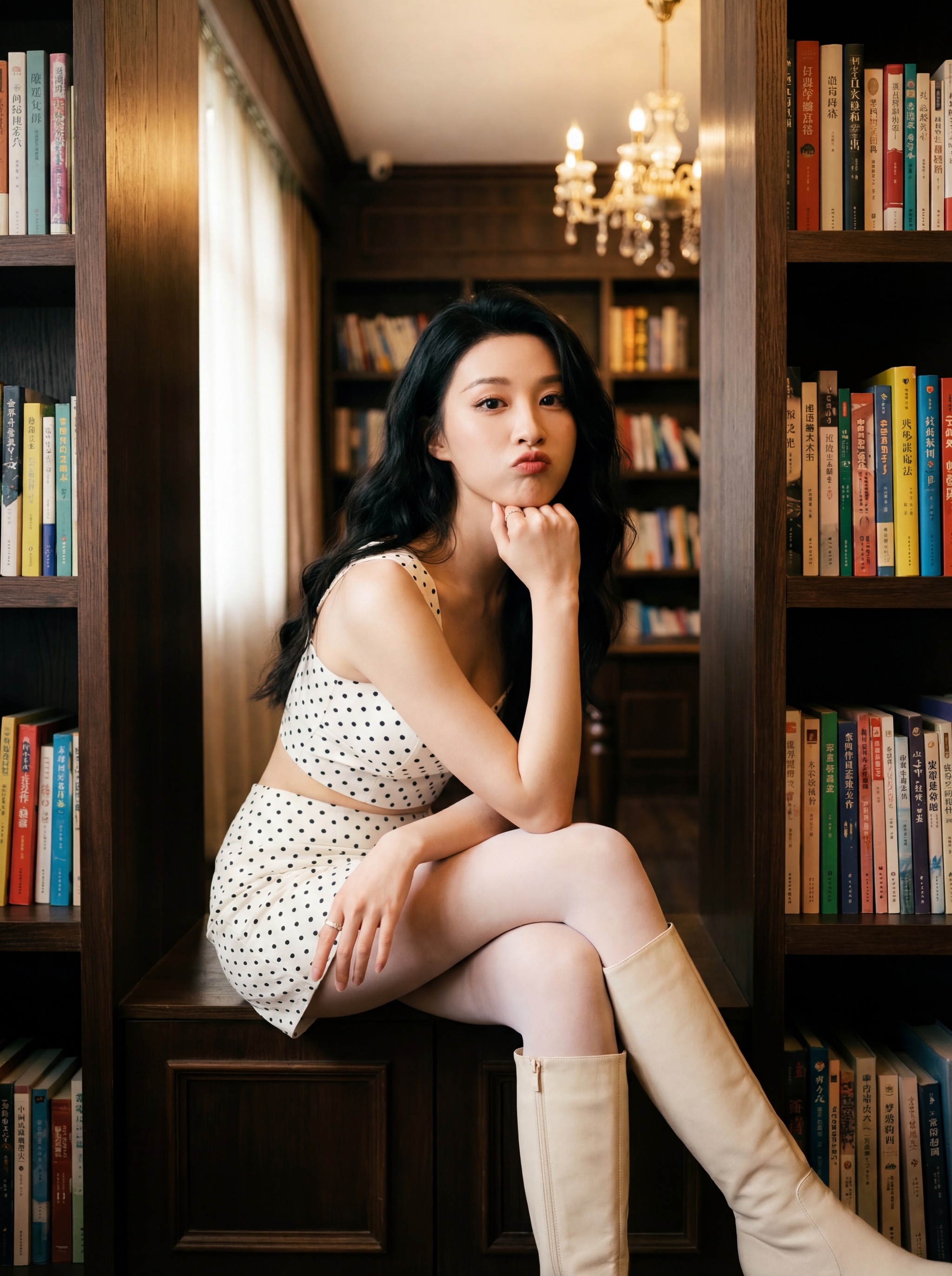 Woman in a polka dot dress sitting in a library alcove between bookshelves wearing knee high boots