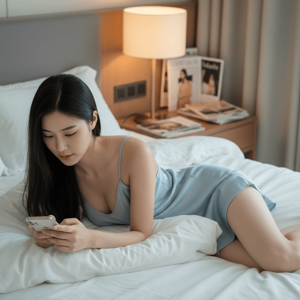 A person in a light blue dress lying on a bed, using a smartphone. A bedside table with a lamp and magazines is in the background