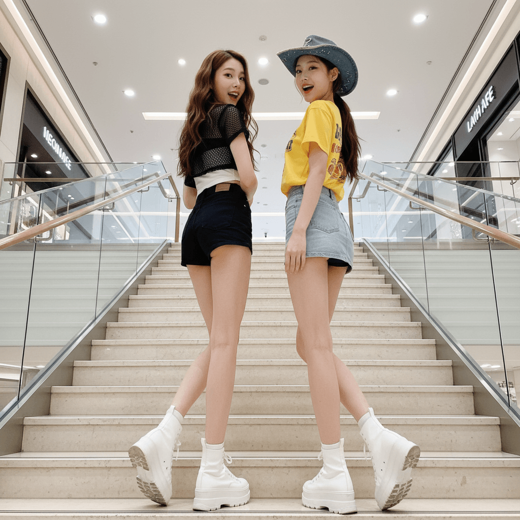 Two women posing on a staircase, wearing shorts and white boots, one with a cowboy hat
