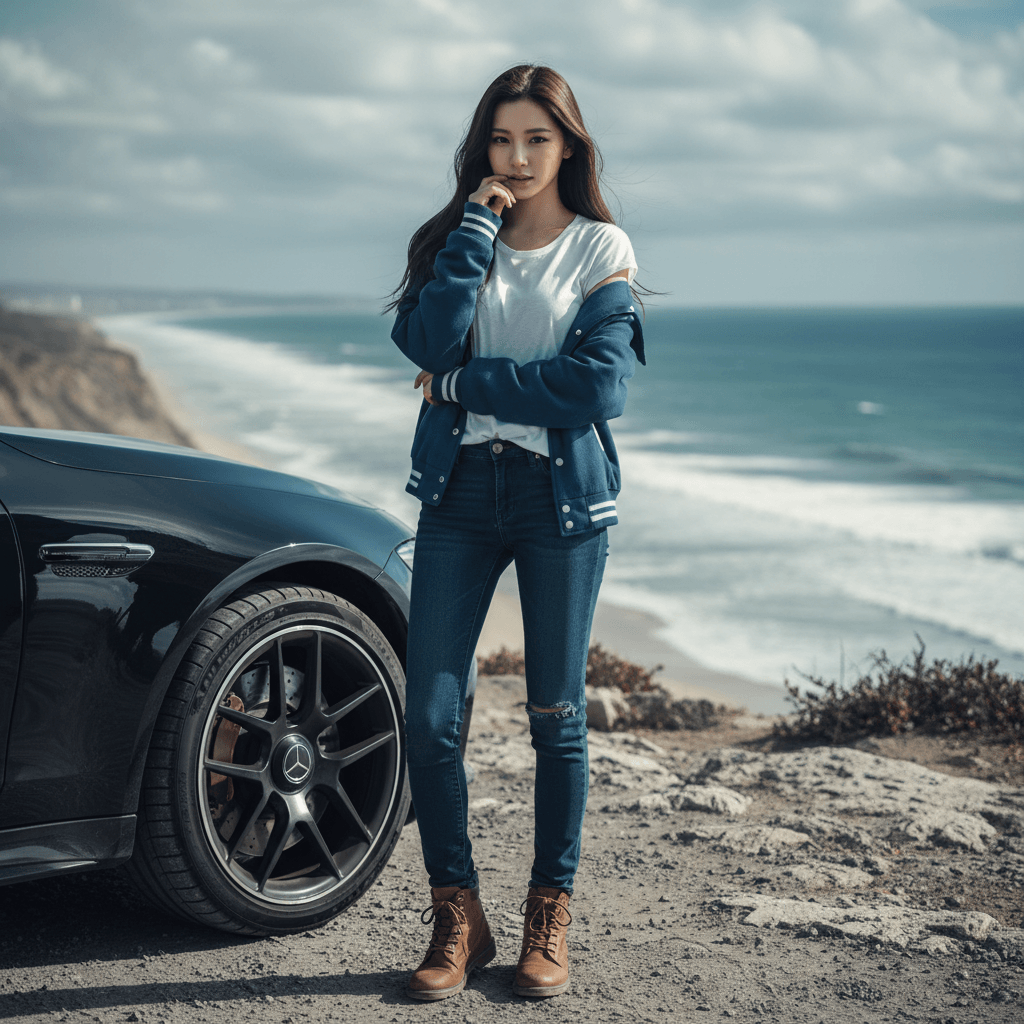 Person standing by a car on a cliffside road overlooking the ocean, with a cloudy sky and expansive view