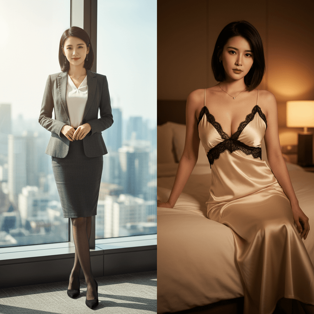 Businesswoman in a suit by a cityscape window and in a lingerie dress on a bed at night