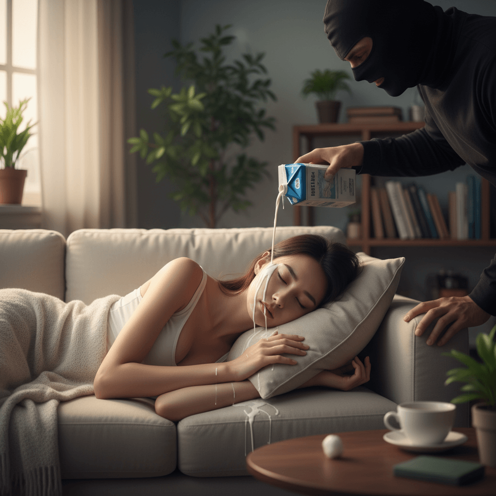 Person sleeping on a couch while another person in a balaclava pours water, with plants and bookshelf in the background