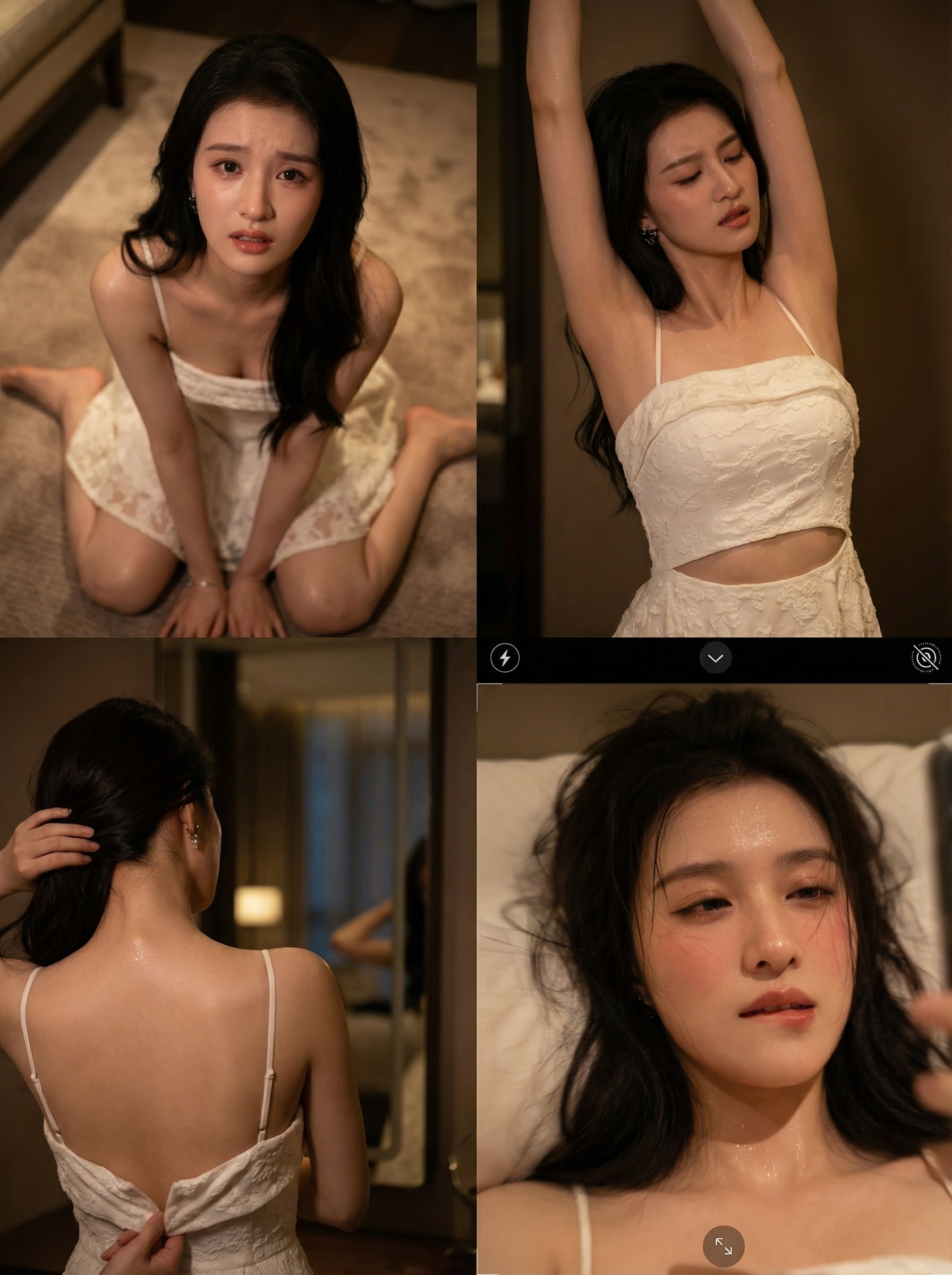 Young woman in a white dress photographed in multiple intimate poses on the floor and bed of a softly lit bedroom, conveying a quiet and introspective mood