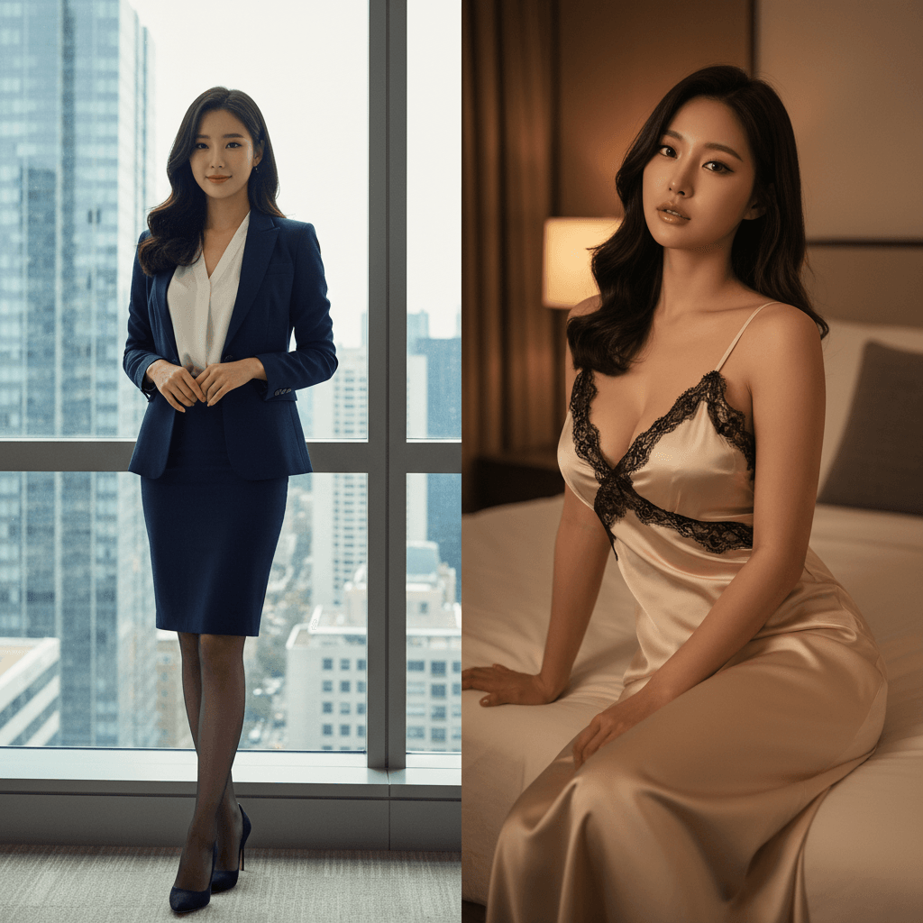 Woman in business attire by a city window and in a glamorous gown seated on a bed