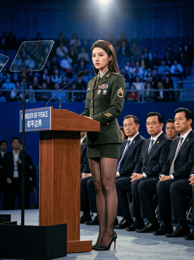 A uniformed woman delivers a speech at a podium in a large auditorium with an audience and seated officials in the background
