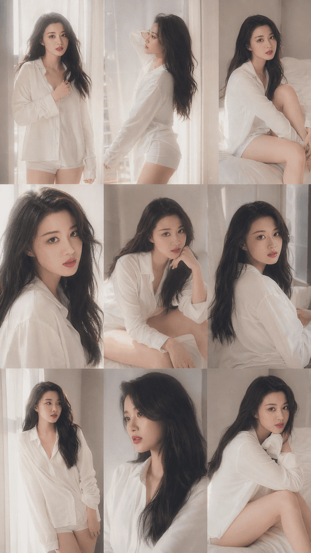 Nine panel photo collage of a woman with long dark hair posing in a white shirt and lingerie in a softly lit bedroom