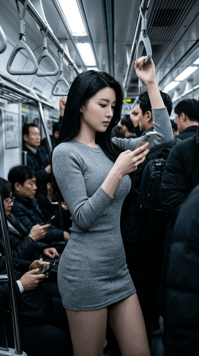 Woman in a gray minidress stands in a crowded subway car while using her smartphone under overhead hand straps