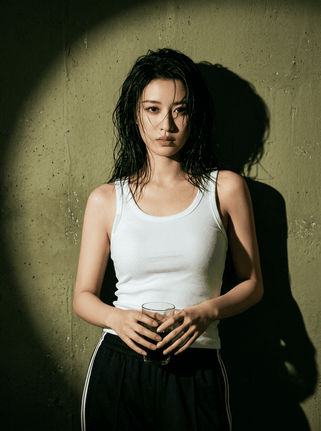 Woman in a white tank top standing against a wall in a circular spotlight with a strong shadow behind her
