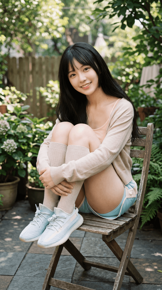 A woman sitting curled up on a wooden chair on a leafy patio wearing a long sleeve top and sneakers