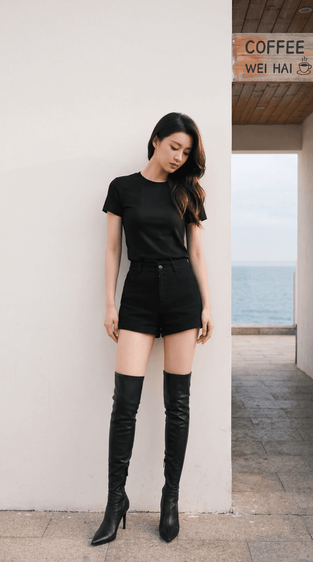 Woman in black shorts and top wearing thigh high boots posing against a wall beside a cafe doorway with ocean view