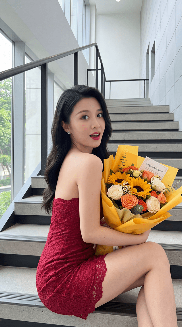 Person in a red strapless dress sitting on indoor stairs holding a flower bouquet in a modern stairwell with large windows