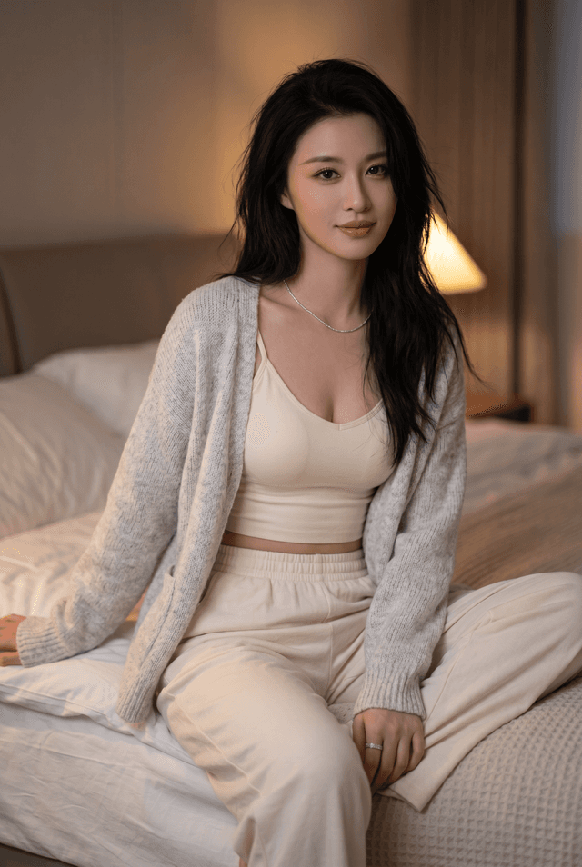 Person seated on a bed in a softly lit bedroom wearing loungewear and a cardigan