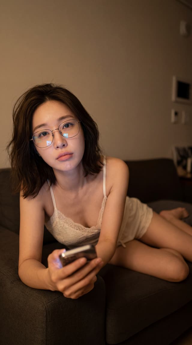 Person reclining on a dark sofa in a dim room while looking at a smartphone screen