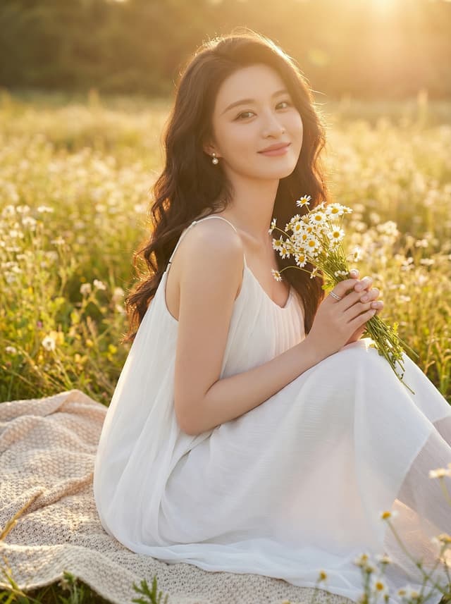 Young woman in white dress sitting on a blanket in a sunlit meadow holding a small bouquet of daisies and smiling at the camera