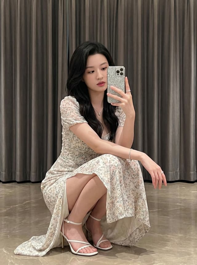 woman in floral dress crouching for a mirror selfie in front of floor length curtains