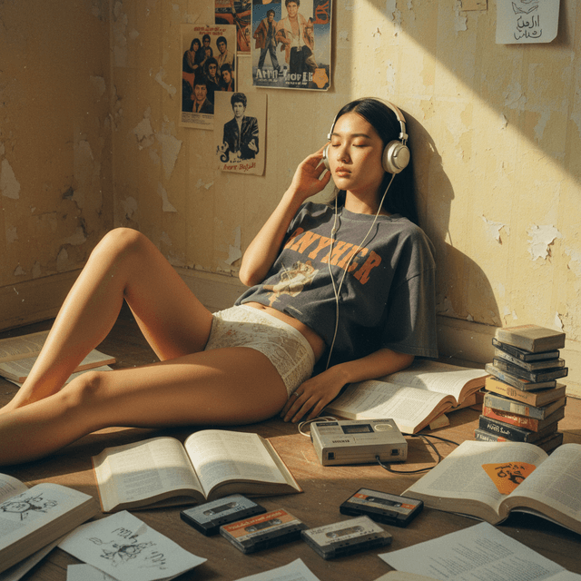 Young woman wearing headphones, surrounded by books and cassette tapes, leaning against a wall