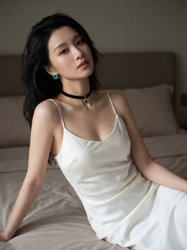 Person in a white slip dress reclining on a bed in a dim bedroom