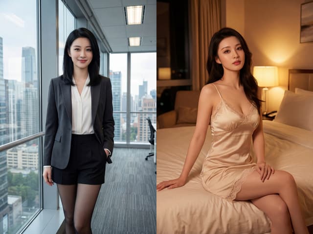 A woman in business attire standing by an office window overlooking a city is juxtaposed with the same woman in a silky nightdress sitting on a hotel bed, highlighting a contrast between professional and intimate personas
